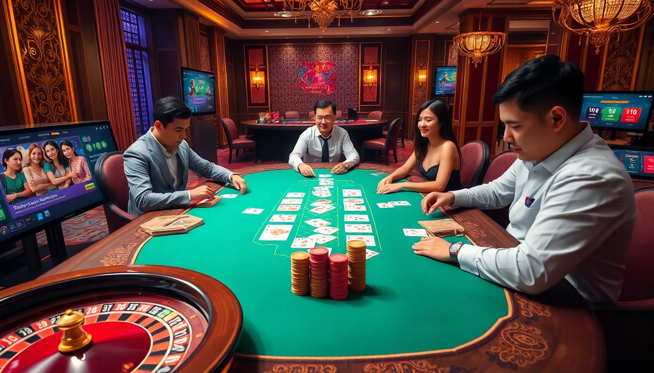 Engaging scene of players enjoying Game bài 98win at a luxurious casino table, filled with colorful chips and cards.