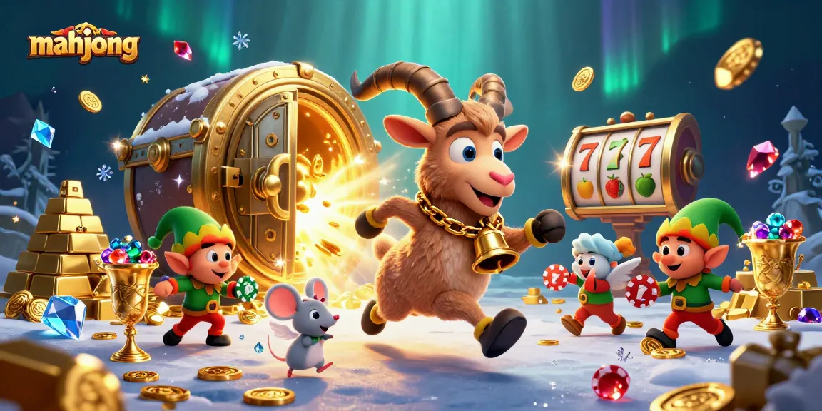 Engage in thrilling mahjong gameplay at the casino with dynamic scenes featuring whimsical characters and vibrant treasures.