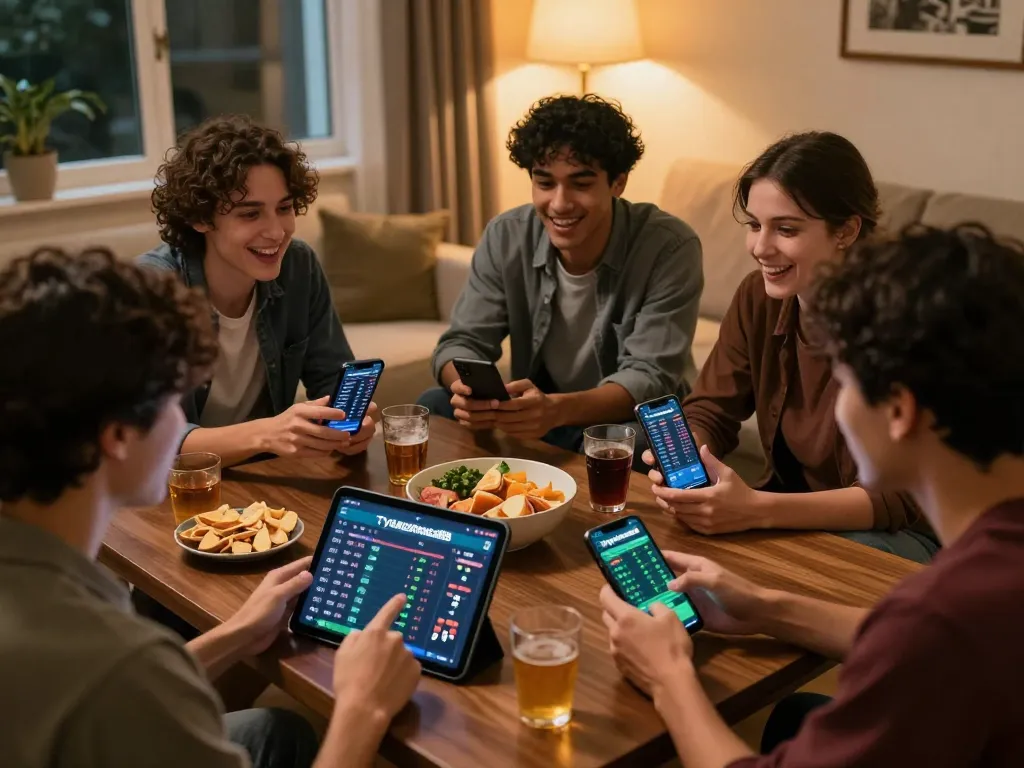 Friends strategizing on sports bets using the tylekeonhacai88 app, highlighting teamwork and engagement.