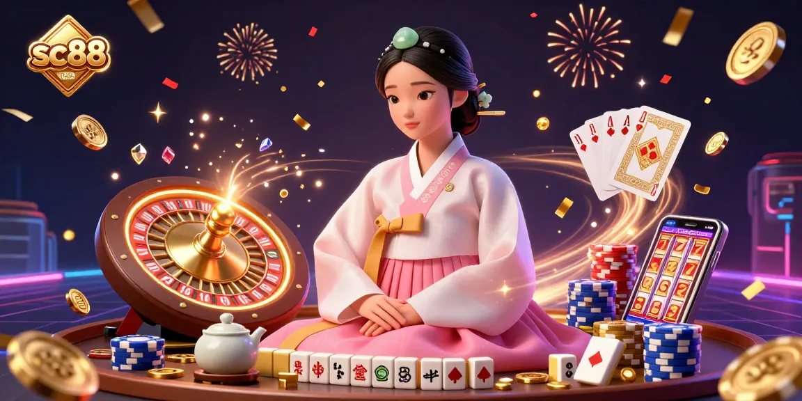 Experience the exciting world of sc88 with a photorealistic Asian woman, vibrant casino elements, and winning potential.