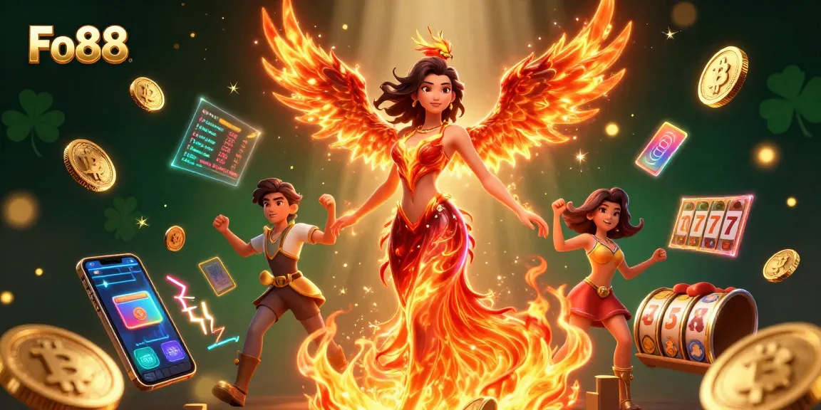 Engage in the thrilling world of Fo88 with vibrant slots and a phoenix companion amidst rich casino visuals.