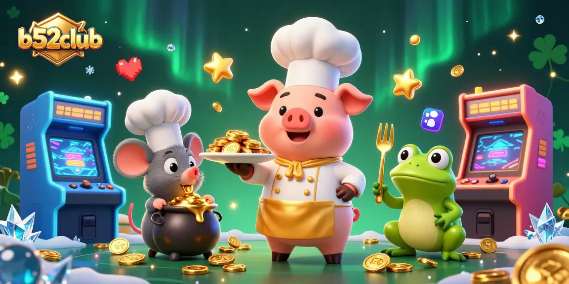 B52club presents a vibrant gaming scene with a chef pig serving gold coins, showcasing exciting online casino elements.