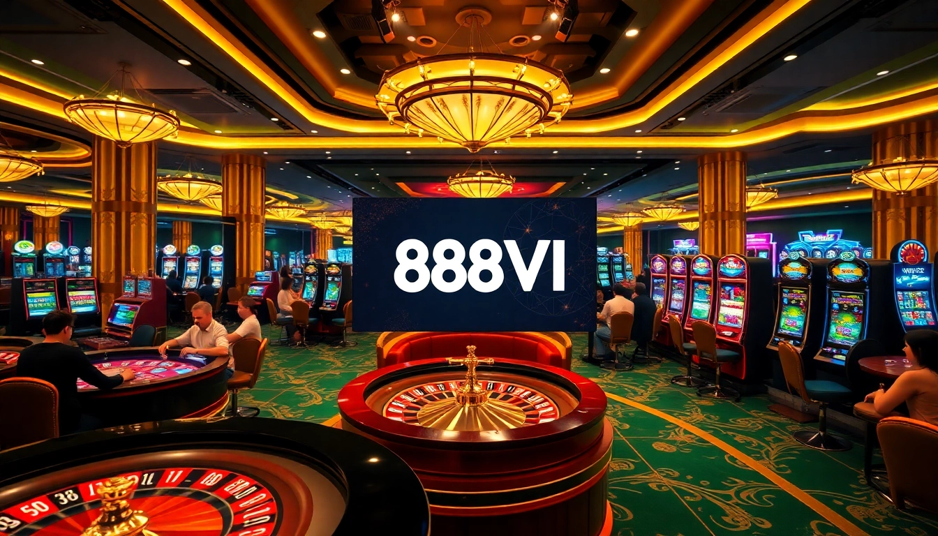 Experience the thrill of gaming at 888VI with vibrant casino elements and players in action.