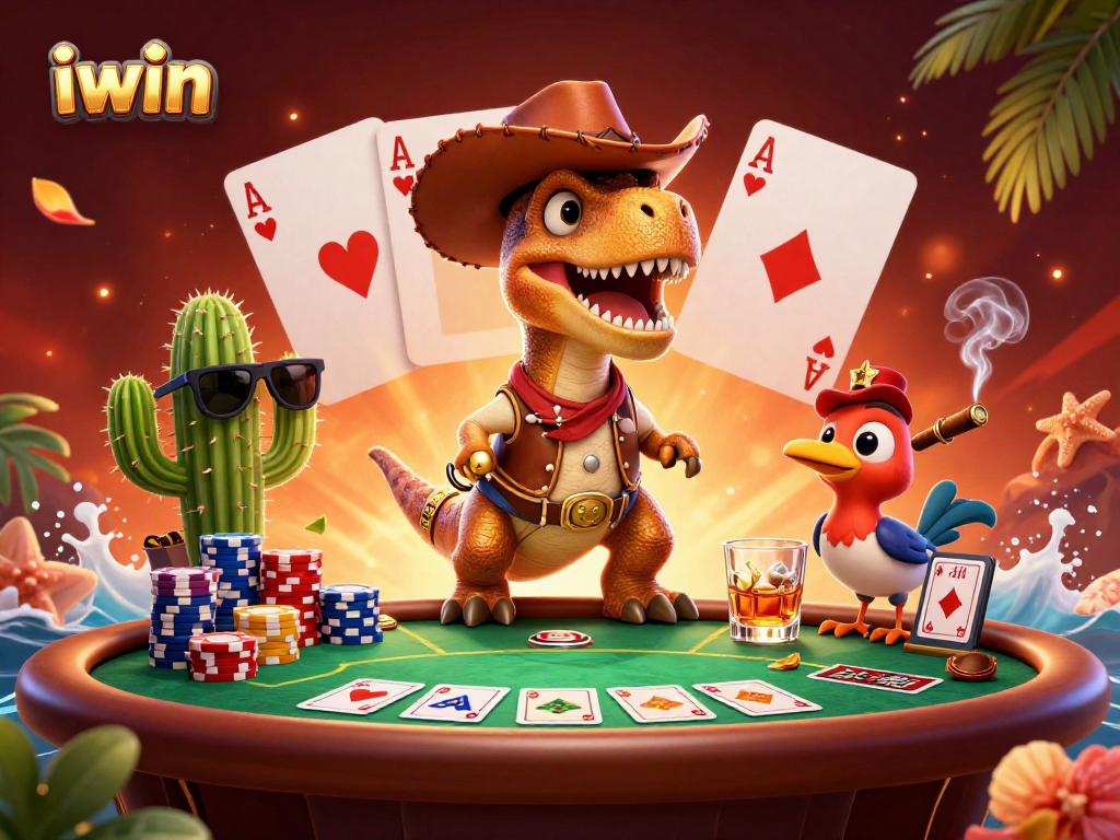 Experience thrilling poker action with the iwin cowboy dinosaur and friends in this dynamic 3D scene.