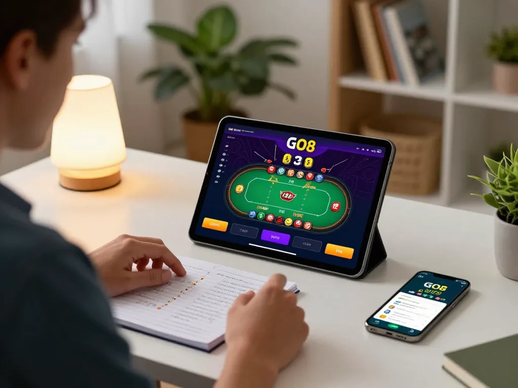 The user engages with https://go8.agency/ on a tablet, focused on poker strategies with a cozy home setup.