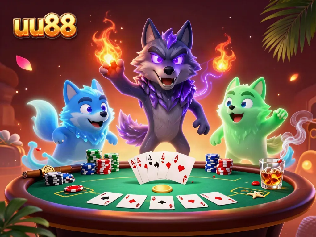 Experience exciting poker action with uu88, featuring dynamic wolves and colorful chips in a vibrant casino.