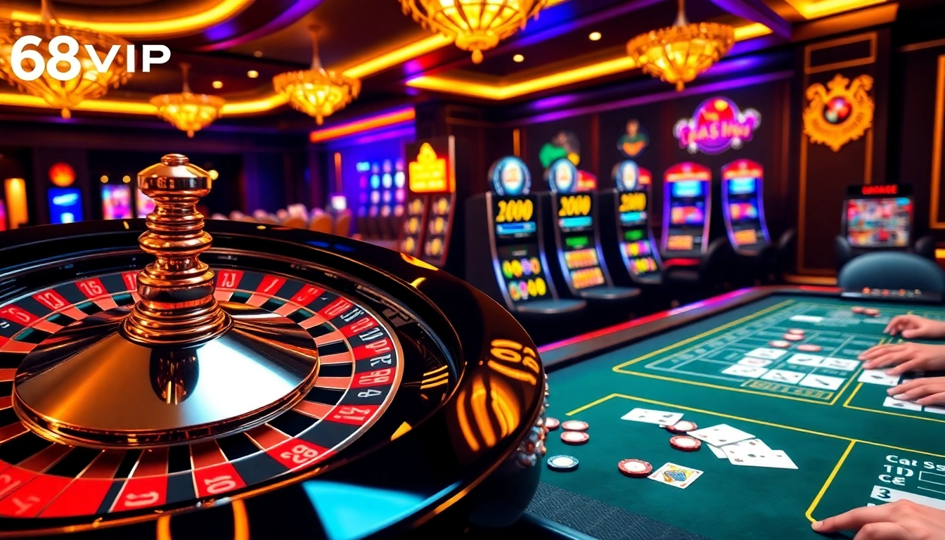 Engaging scene of Đăng Ký Nhà Cái 68VIP with poker chips and a roulette wheel, showcasing online gambling excitement.