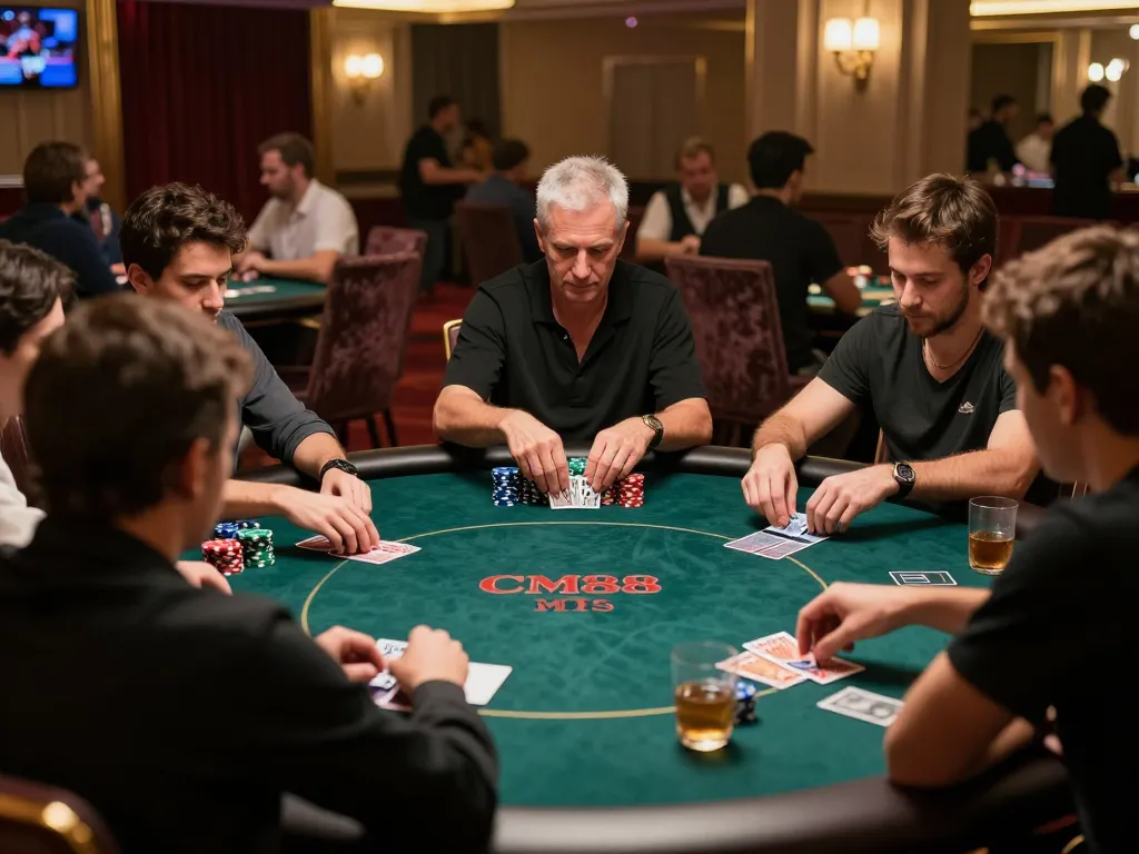 Players strategizing during a high-stakes game at CM88 casino, showcasing cards and chips.
