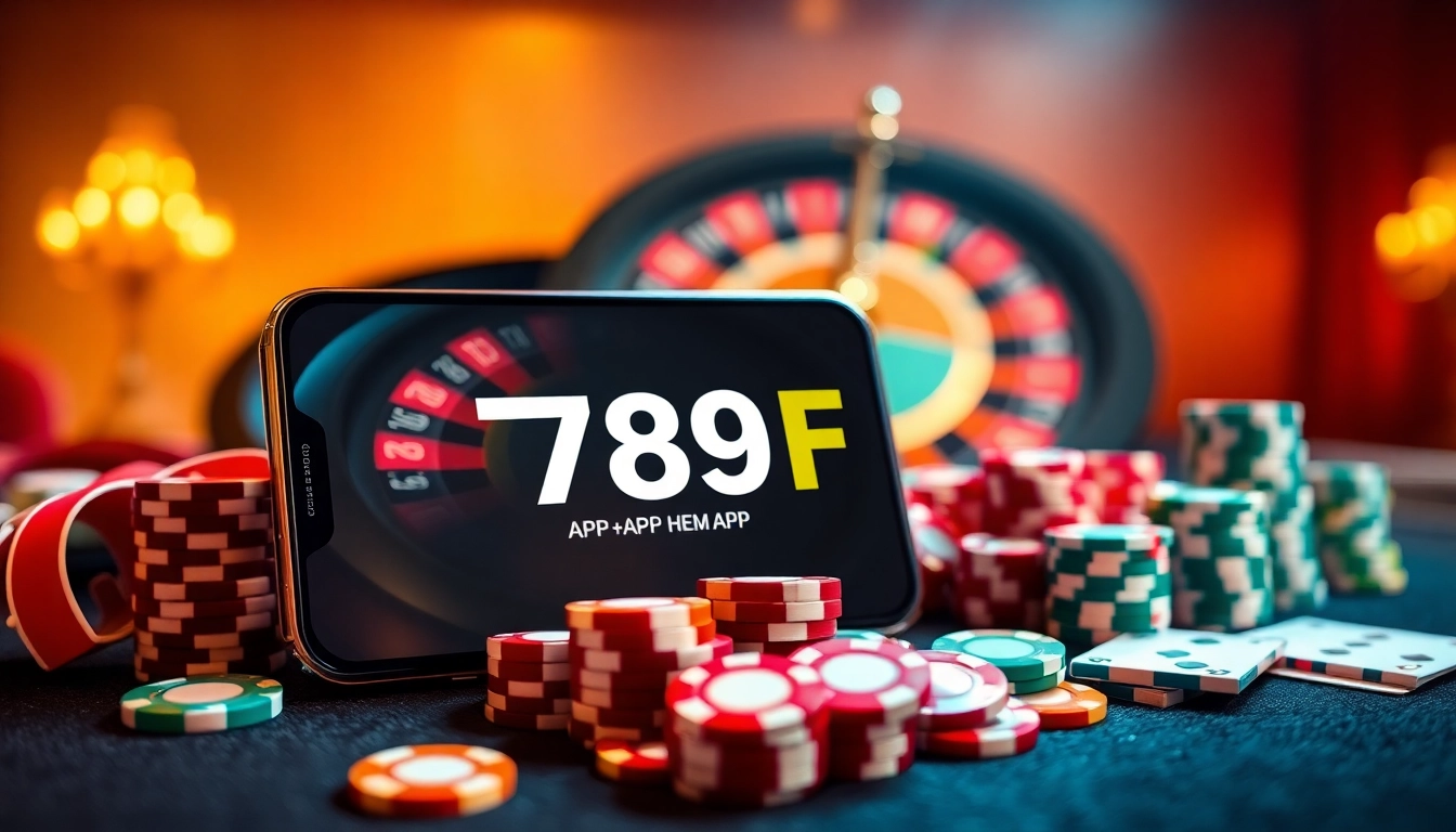 An engaging gaming scene highlighting the 789F APP on a smartphone amidst casino chips and cards.