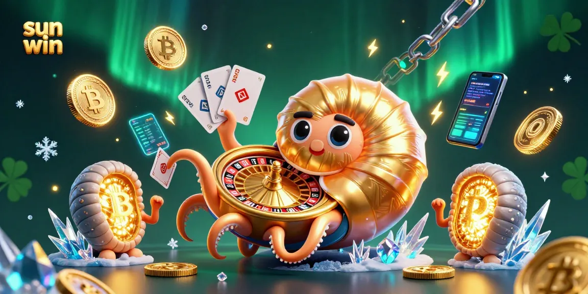 Win big with sun win in this lively casino environment featuring a golden nautilus roulette wheel and crypto elements.
