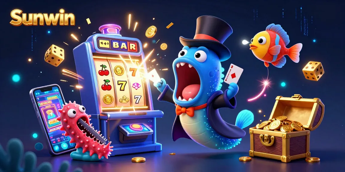 Experience the thrilling adventures at Sunwin with vibrant slot games, deep-sea characters, and dazzling casino displays.