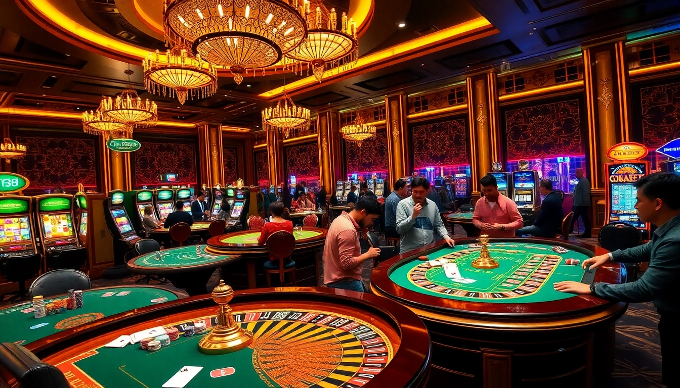 Players enjoy engaging games at the TG88-themed casino, showcasing excitement and luxury.