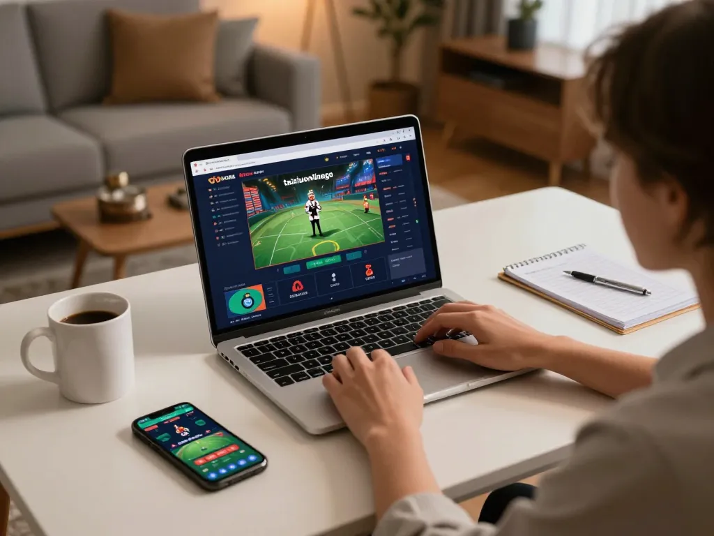 Person engaging in taixiuonlinego gameplay on laptop with cozy home setup and strategic notes for responsible gaming.