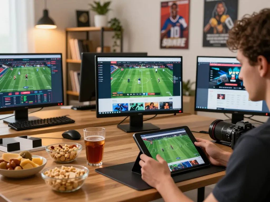 Engaging in sports betting on Bsport tablet with snacks in a cozy home office.