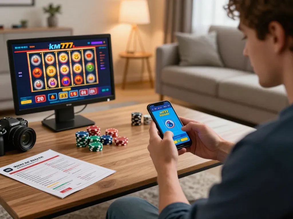 Engaging with km777 mobile app in a cozy home gaming setup with poker chips and online slots.