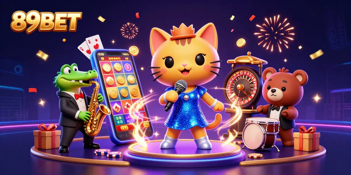89BET brings excitement with a vibrant cartoon scene featuring characters enjoying a casino atmosphere.