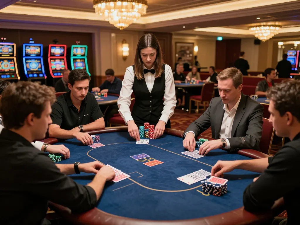Players strategizing at the poker table in a vibrant casino, exploring trang chủ 79king for an enhanced gaming experience.