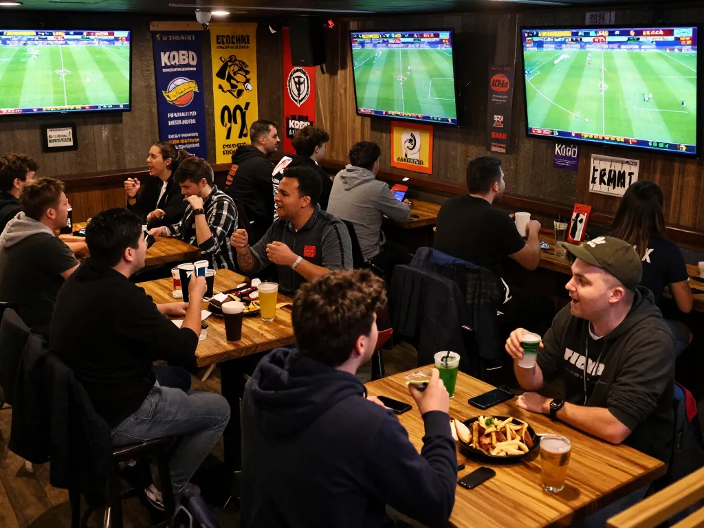 KQBD sports fans placing bets and celebrating during live match updates in a bustling bar atmosphere.