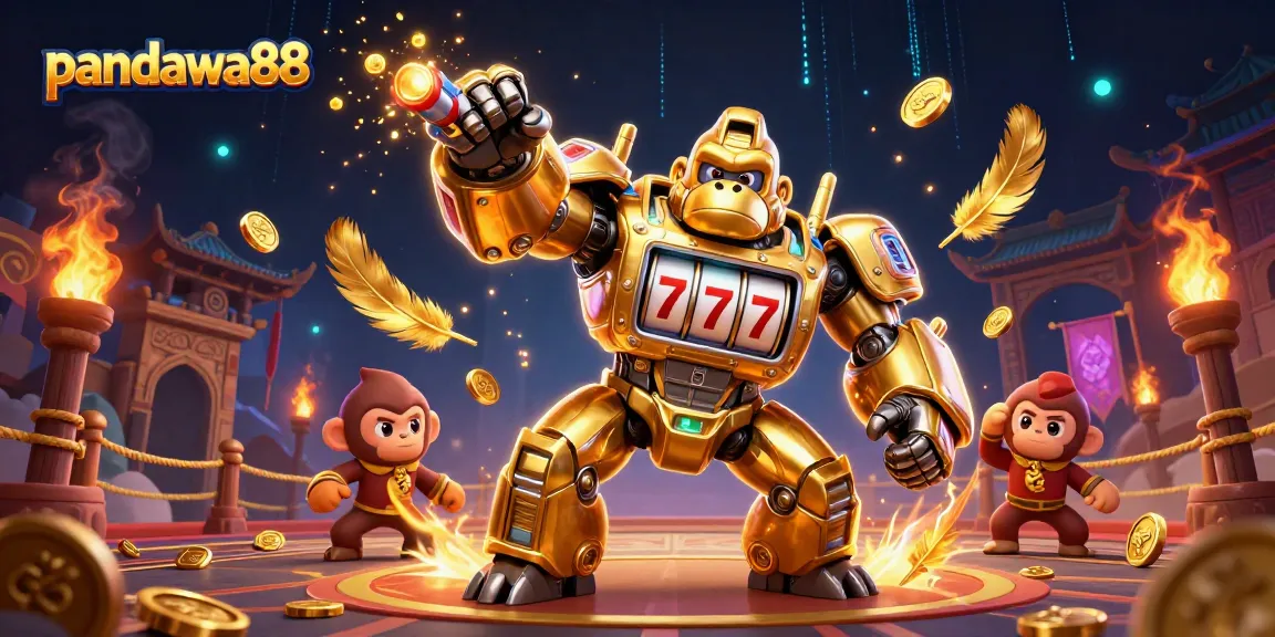 Pandawa88 offers a thrilling gaming experience with a dynamic golden gorilla mech and explosive coins.