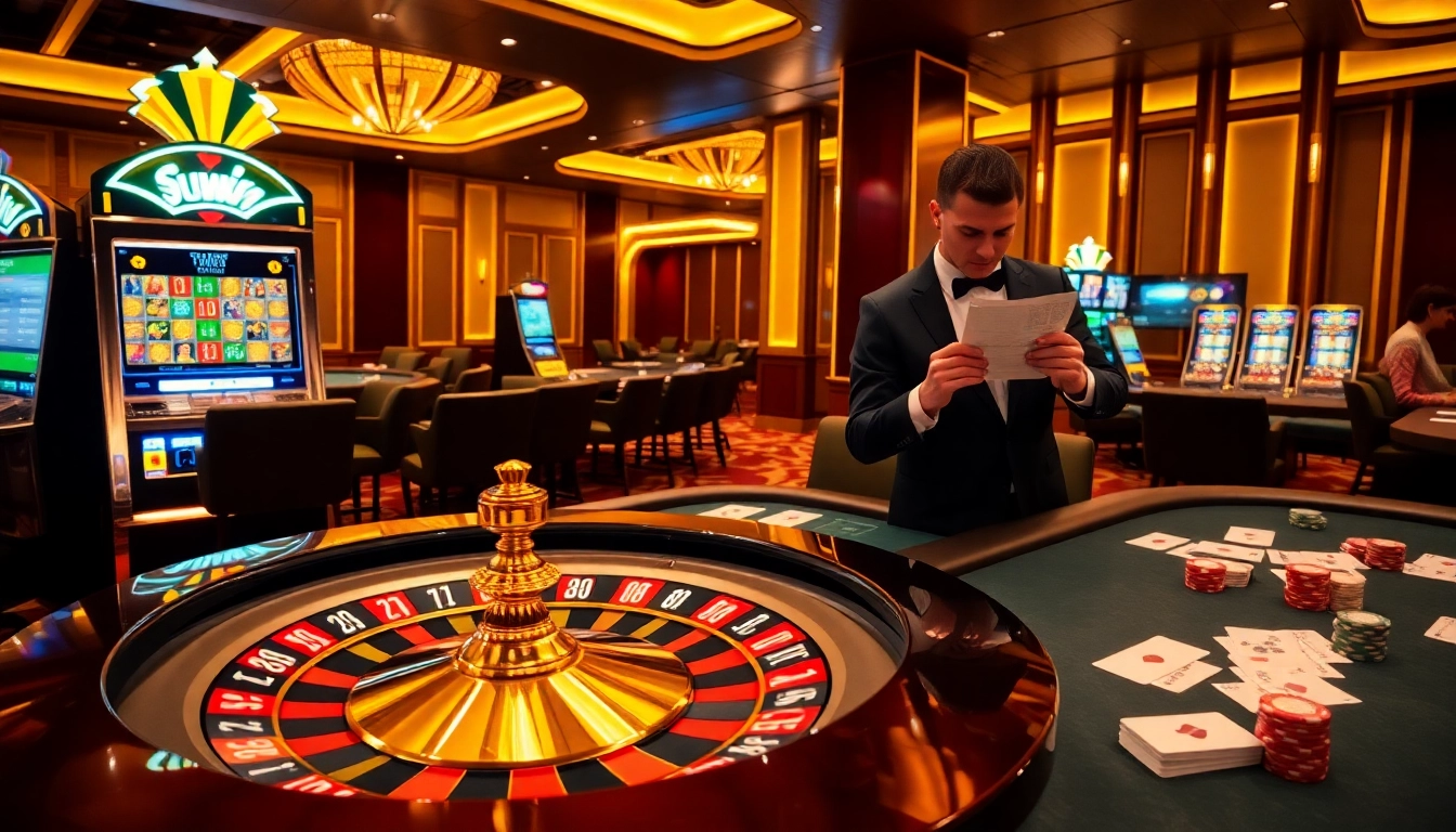 Experience the thrill of winning at sunwin, featuring a vibrant casino atmosphere with roulette and poker tables.