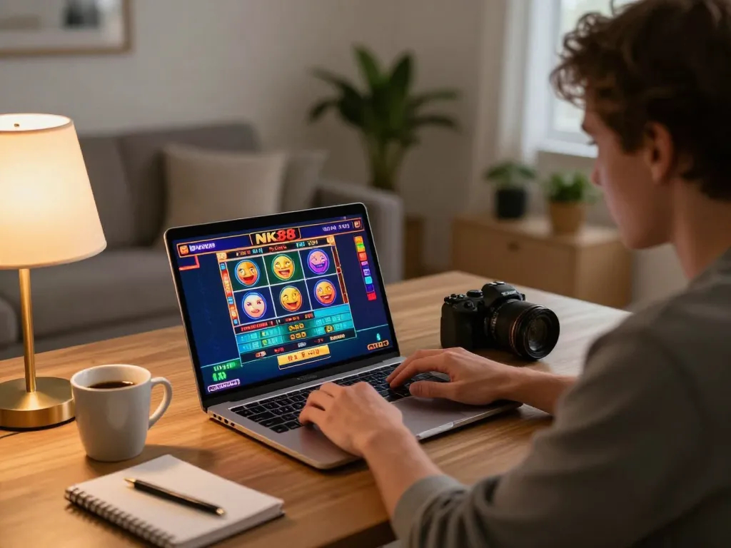 Engaging in NK88 online gambling with colorful slot games on laptop in cozy home setting.