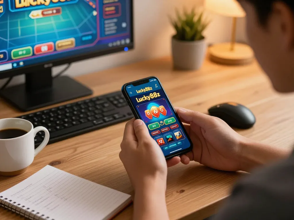 Engaging in mobile gambling with the lucky88z app displayed on a smartphone in a cozy setting.