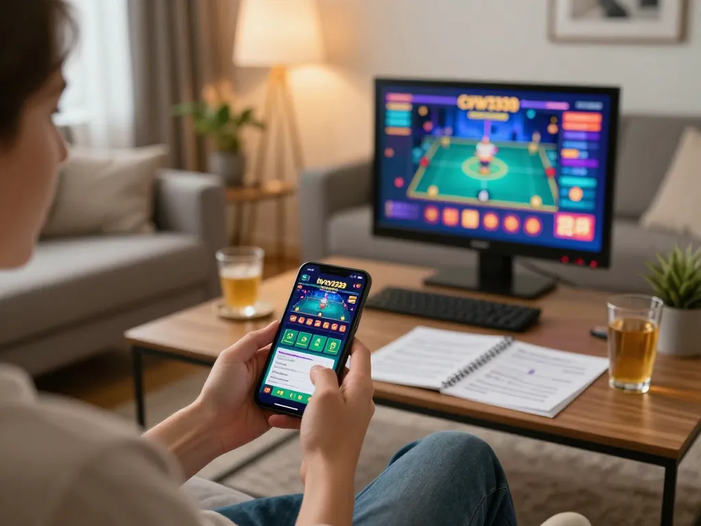 Player exploring hytw3339 casino app on smartphone in a cozy home setting while enjoying games.
