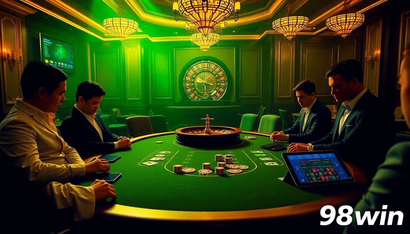 Experience the thrill of 98win's luxurious poker table with vibrant chips and cards.