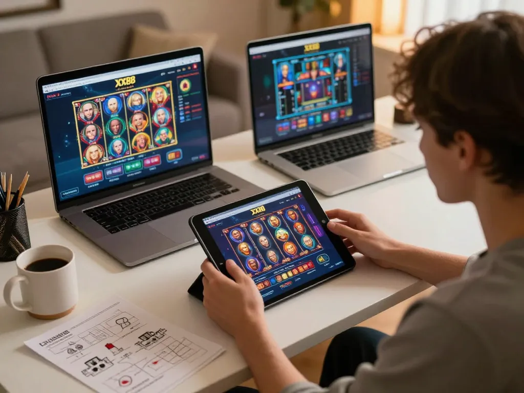 Player engaging on XX88 casino app at home, showcasing online gaming atmosphere.