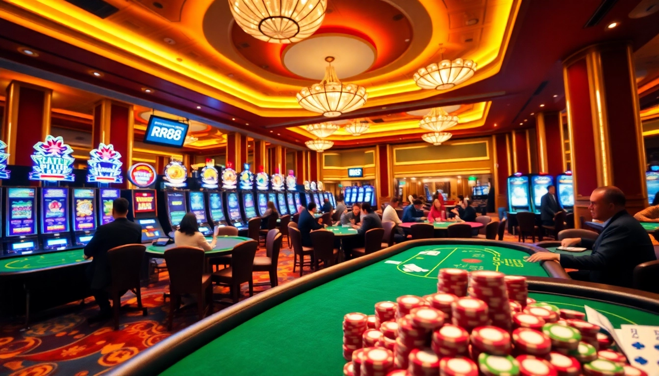 RR88 players enjoying high-stakes poker at a luxurious casino table with vibrant atmosphere.