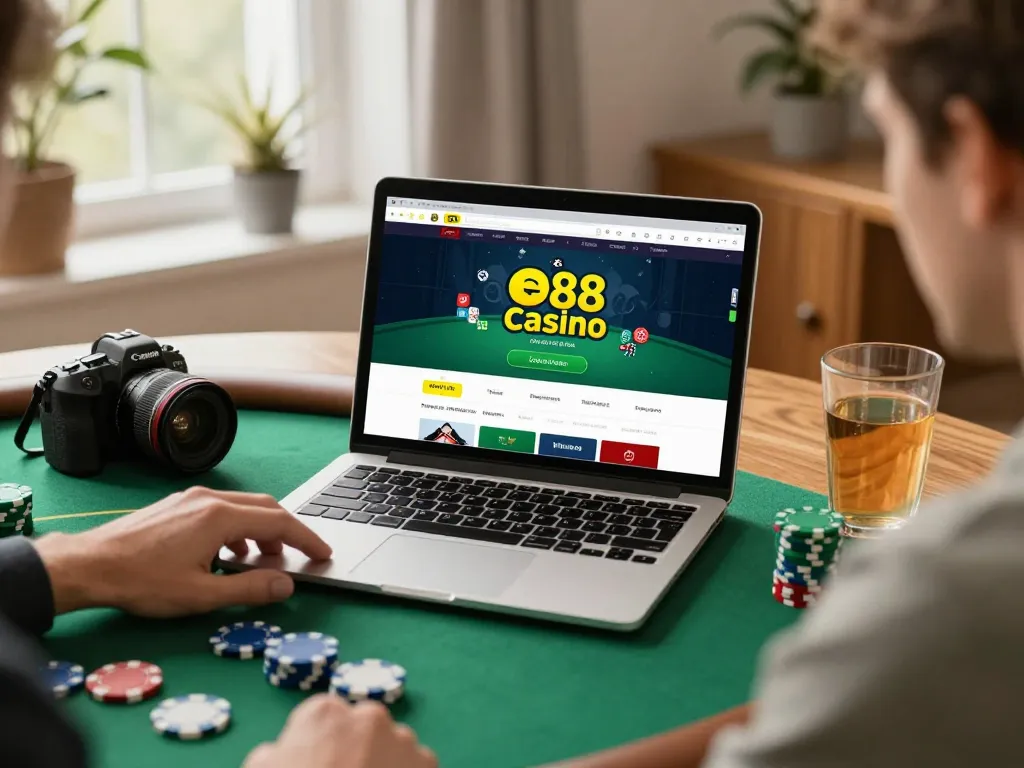 Player engaging in ee88 online poker game with cozy home ambiance.