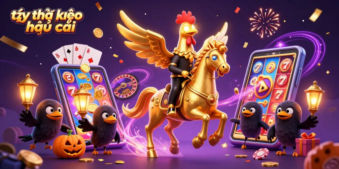 Engaging scene showcasing tỷ lệ kèo nhà cái with a golden rooster, casino elements, and festive effects.
