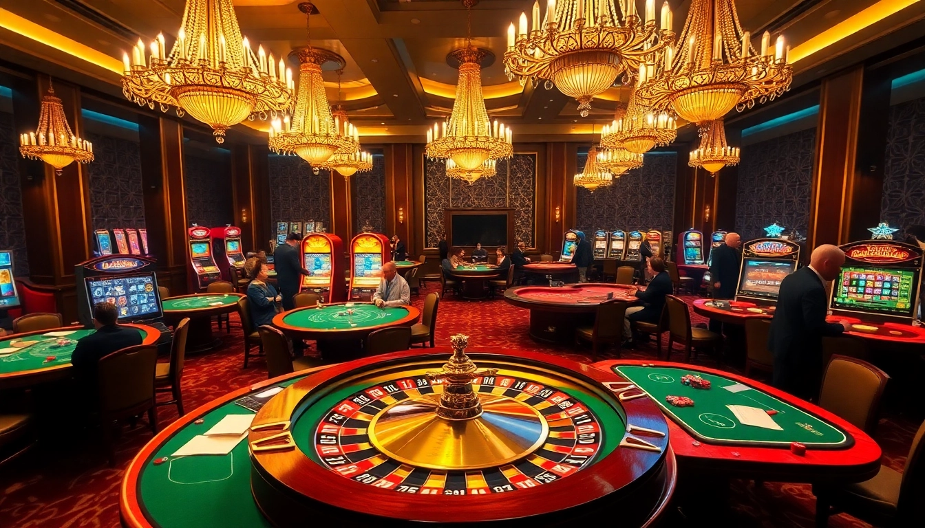 Players enjoying games at https://nk88net.com/ with vibrant casino tables and slot machines in a luxurious setting.