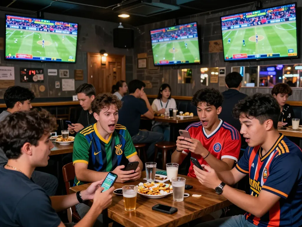 Exciting betting activity on fb88.com during a live sports event in a modern bar.