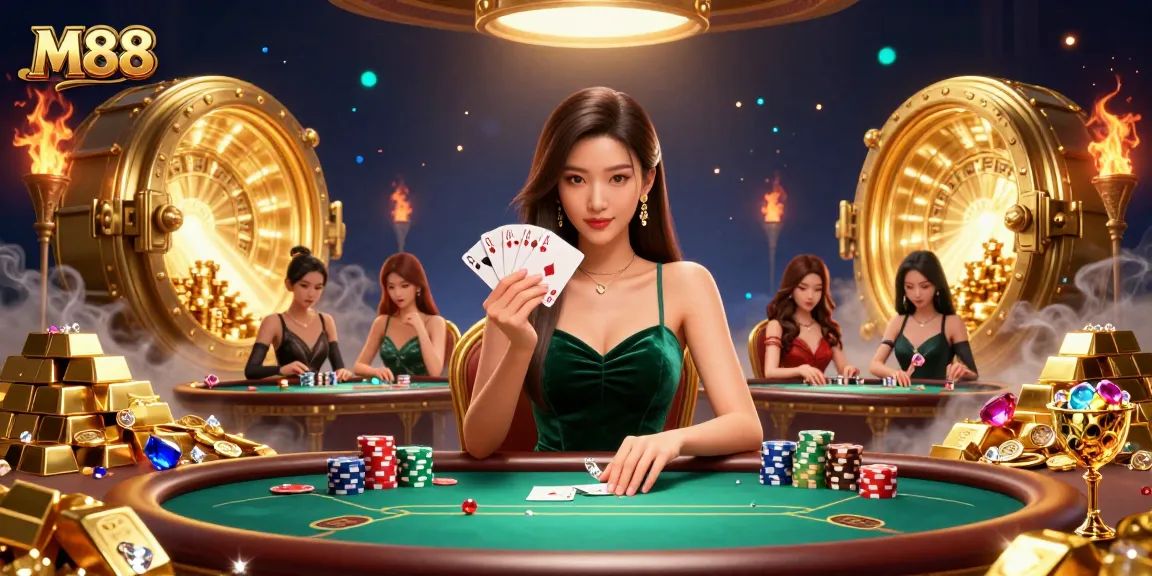 M88 poker scene showcasing a beautiful Asian woman with cards, casino elements scattered around