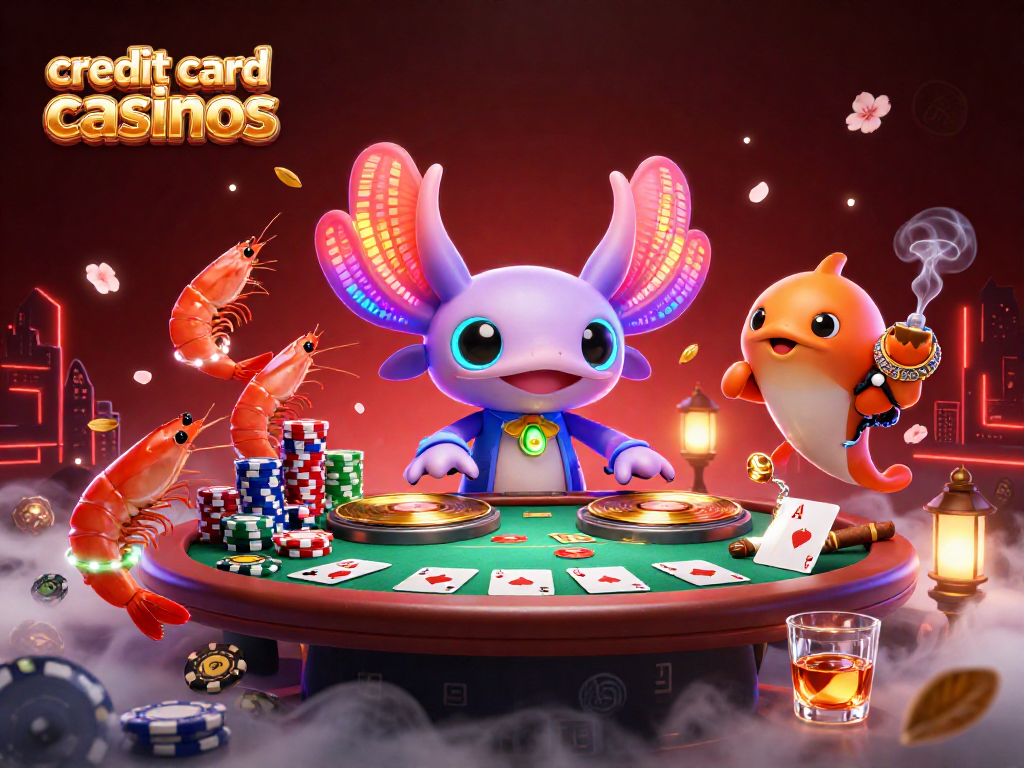 Experience thrilling credit card casinos with vibrant characters dancing at an energetic poker table.