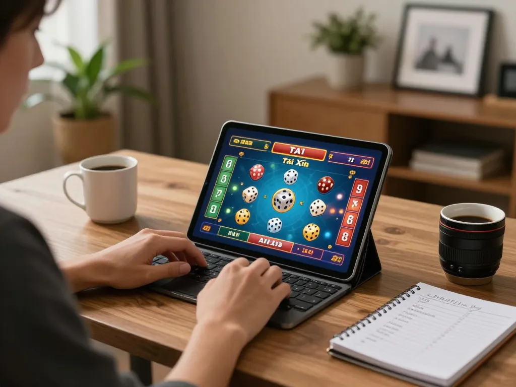 Tài Xỉu gameplay on a tablet during an engaging home gaming night, emphasizing strategy and excitement