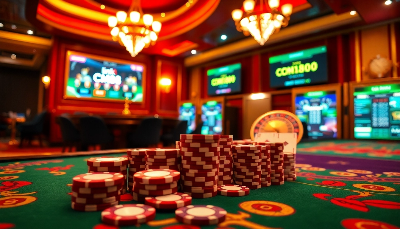 Experience thrilling gameplay at CM88, showcasing a luxurious casino scene with vibrant poker chips and a roulette wheel.