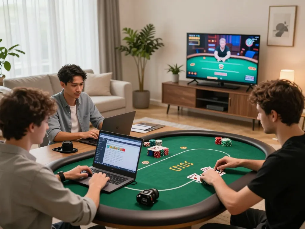 cm88-bet players strategizing online poker in a cozy living room setting