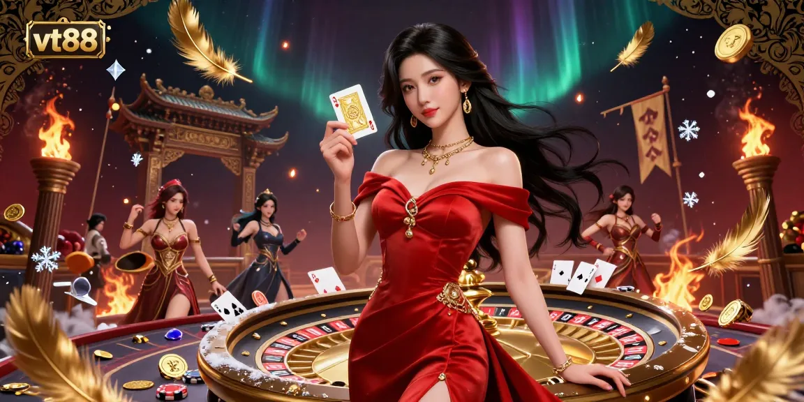 Experience the thrill of vt88 with a beautiful dealer and luxurious casino elements.