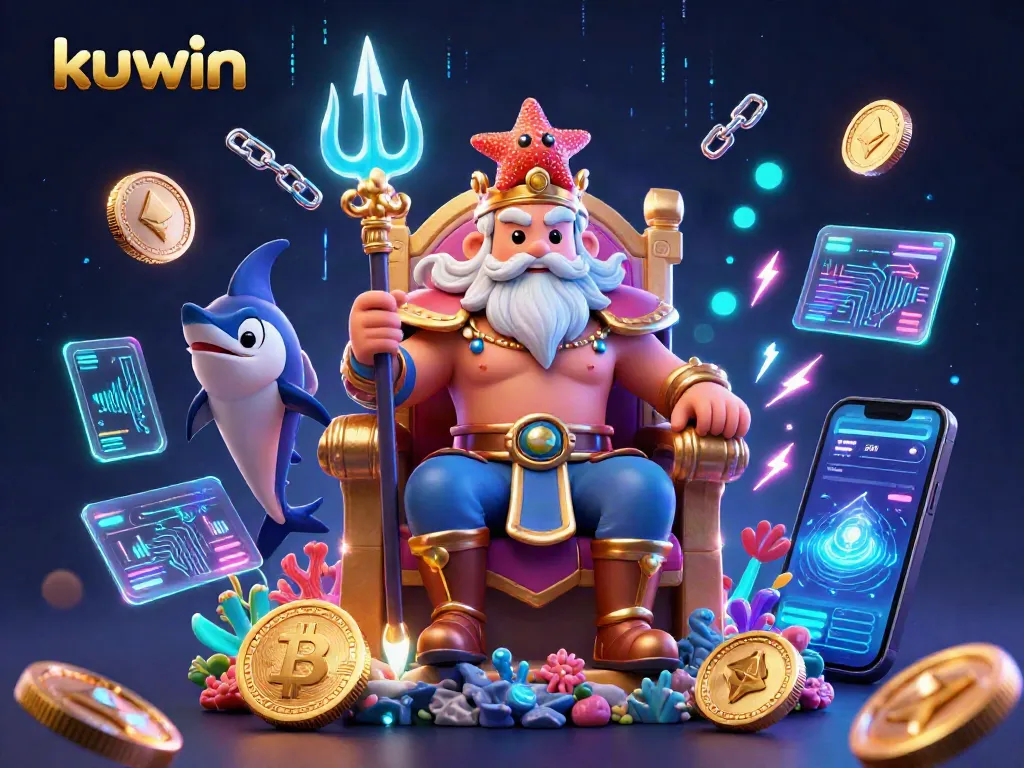 Experience exciting gaming adventures at kuwin with dynamic 3D illustrations of sea king Neptune and crypto elements.