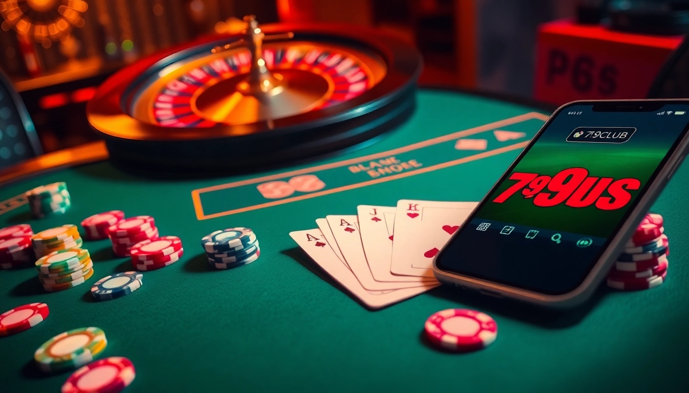 Exciting gaming scene at 789club featuring a roulette wheel and poker essentials.