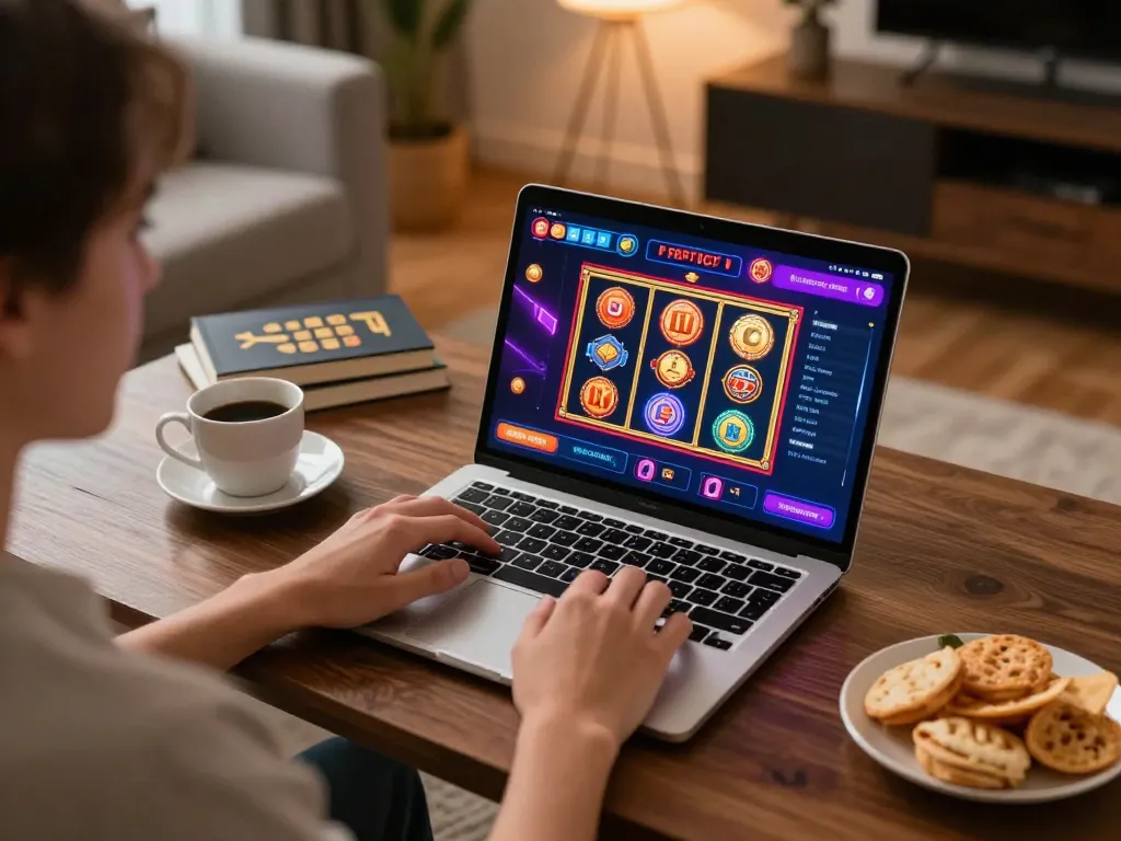 Person enjoying online gambling experience with bl5555 app on laptop, creating a warm and inviting atmosphere.