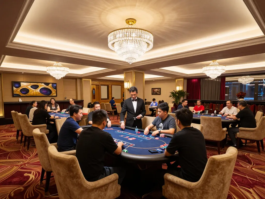 Engaging poker gameplay in a fun79 vip atmosphere with luxury decor and strategic decisions.