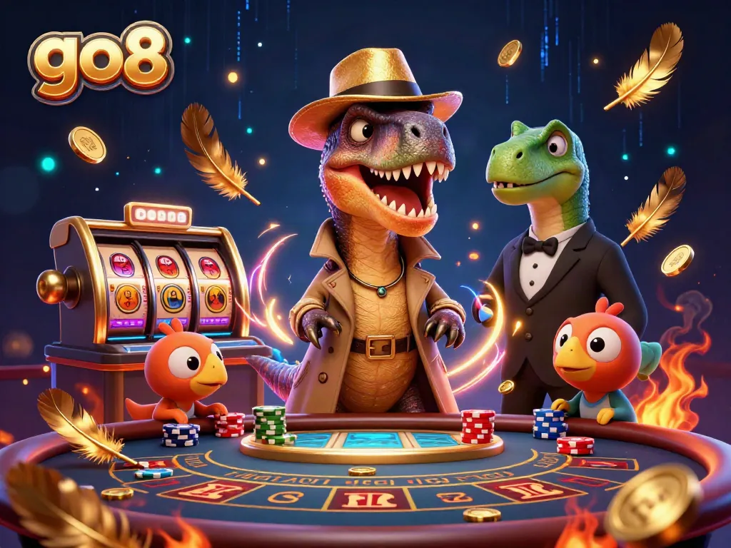 Witness the excitement at the go8 online casino, featuring a clever velociraptor card counter, engaging gaming vibes.
