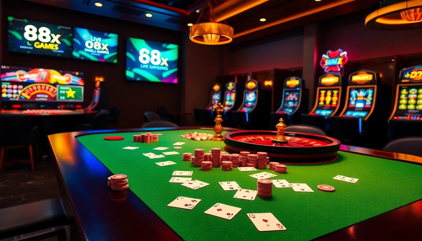 Experience the thrill of gambling at 88XX's vibrant poker table surrounded by vibrant casino action.