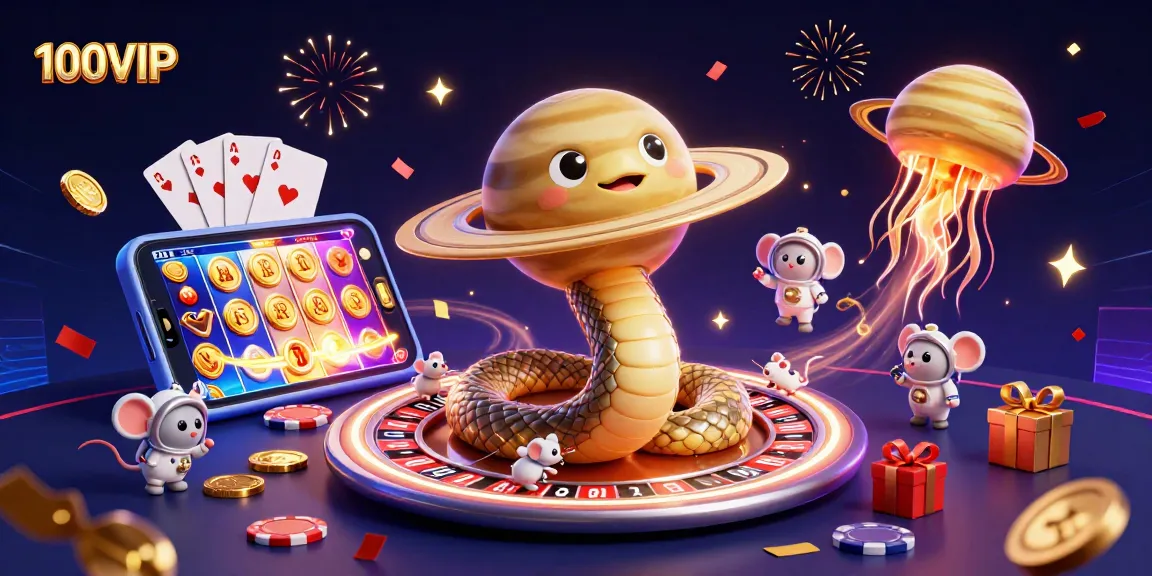 Experience the thrilling world of 100VIP with cosmic characters and vibrant casino elements.