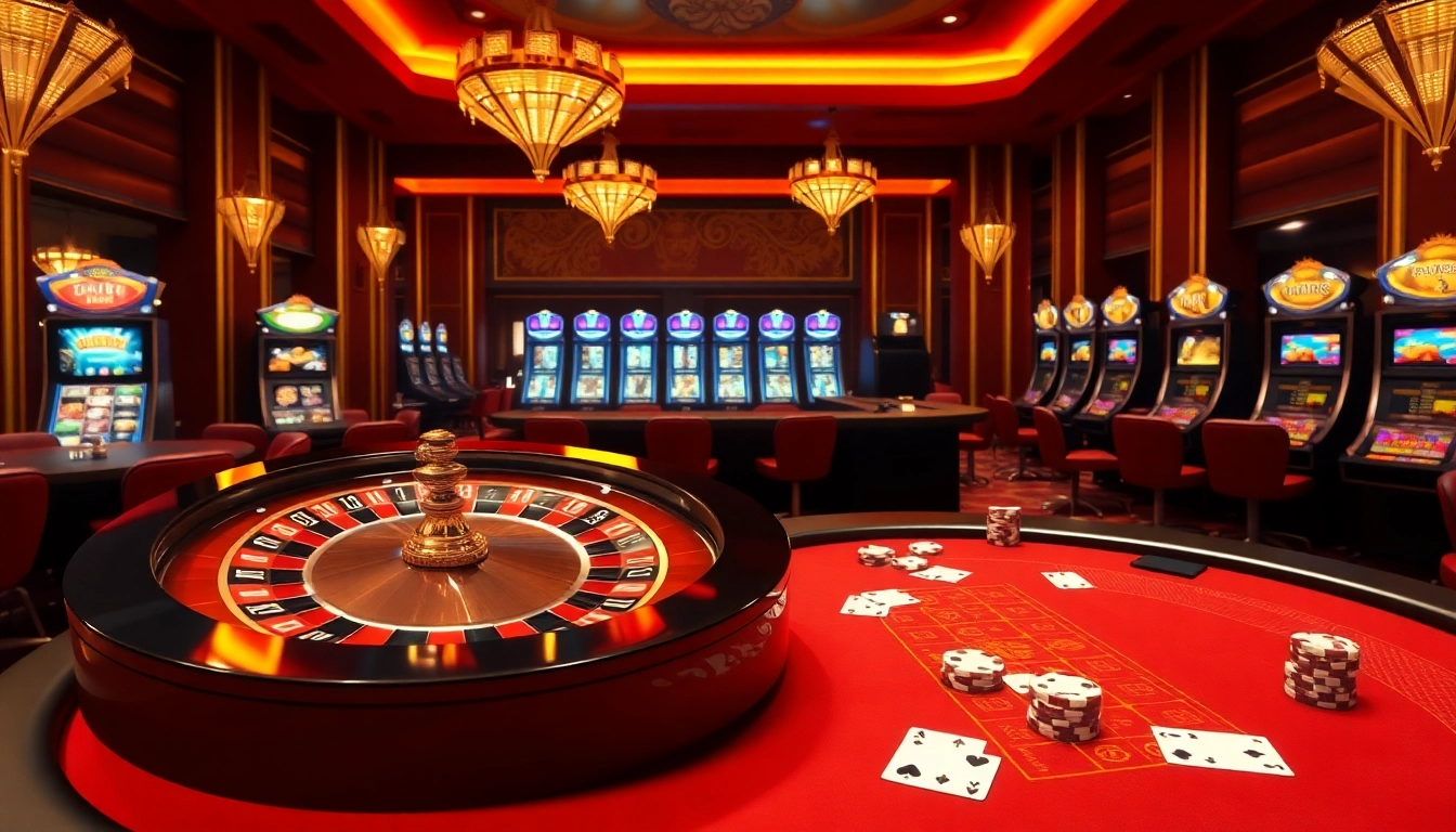Experience thrilling gameplay at DV88 with a luxurious casino backdrop of roulette and poker.