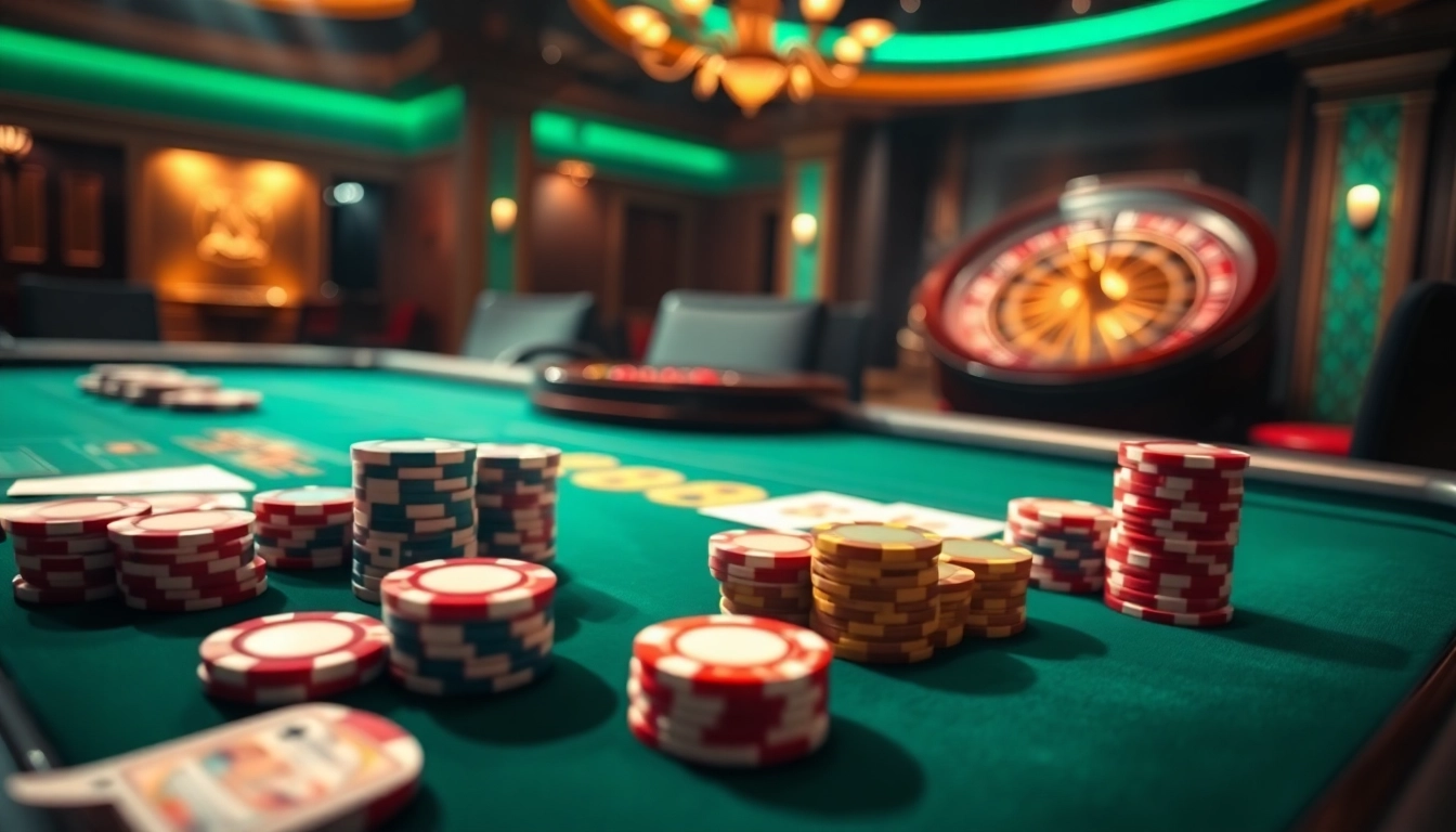 Engage with LC88 at a vibrant poker table filled with chips and cards in an elegant casino atmosphere.