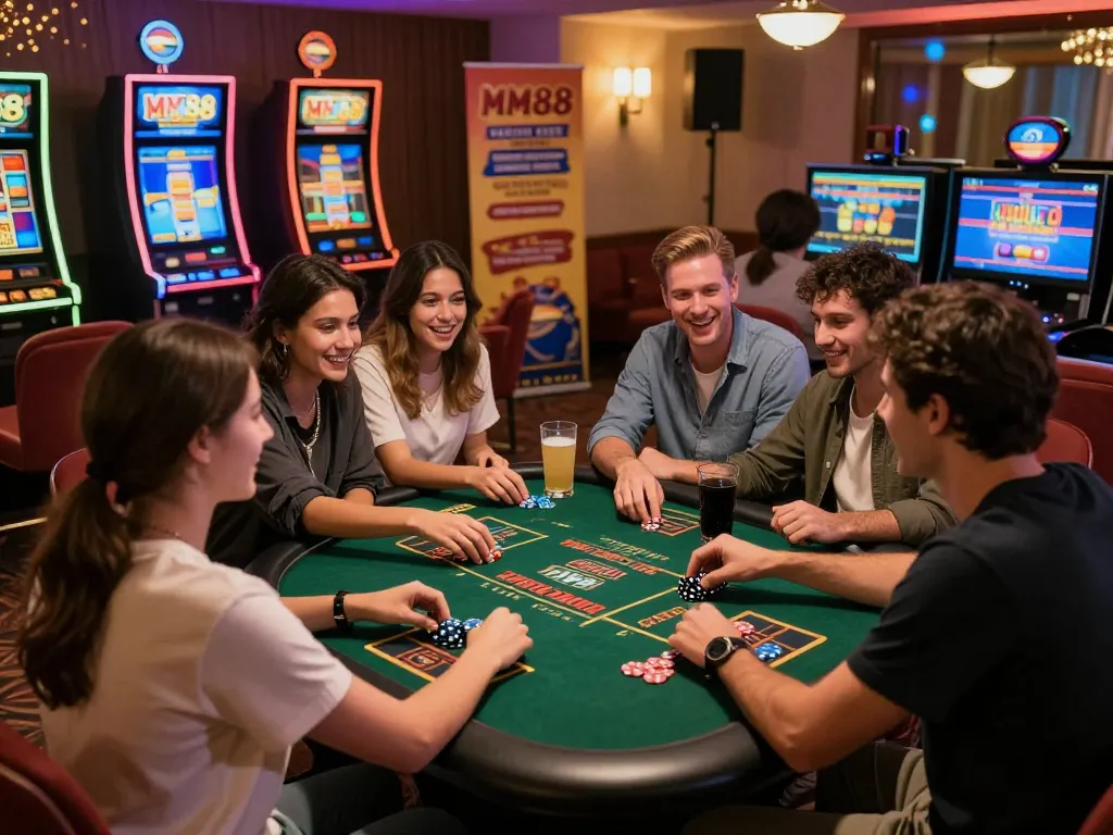 Engaged group enjoying MM88 online casino games in a lively atmosphere.